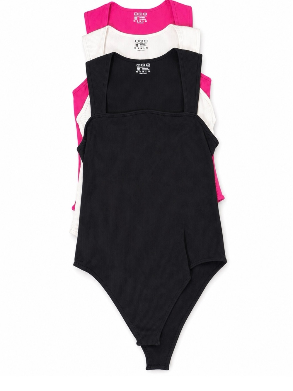 OQQ Ribbed Tank Bodysuit Trio - Black, White, Hot Pink